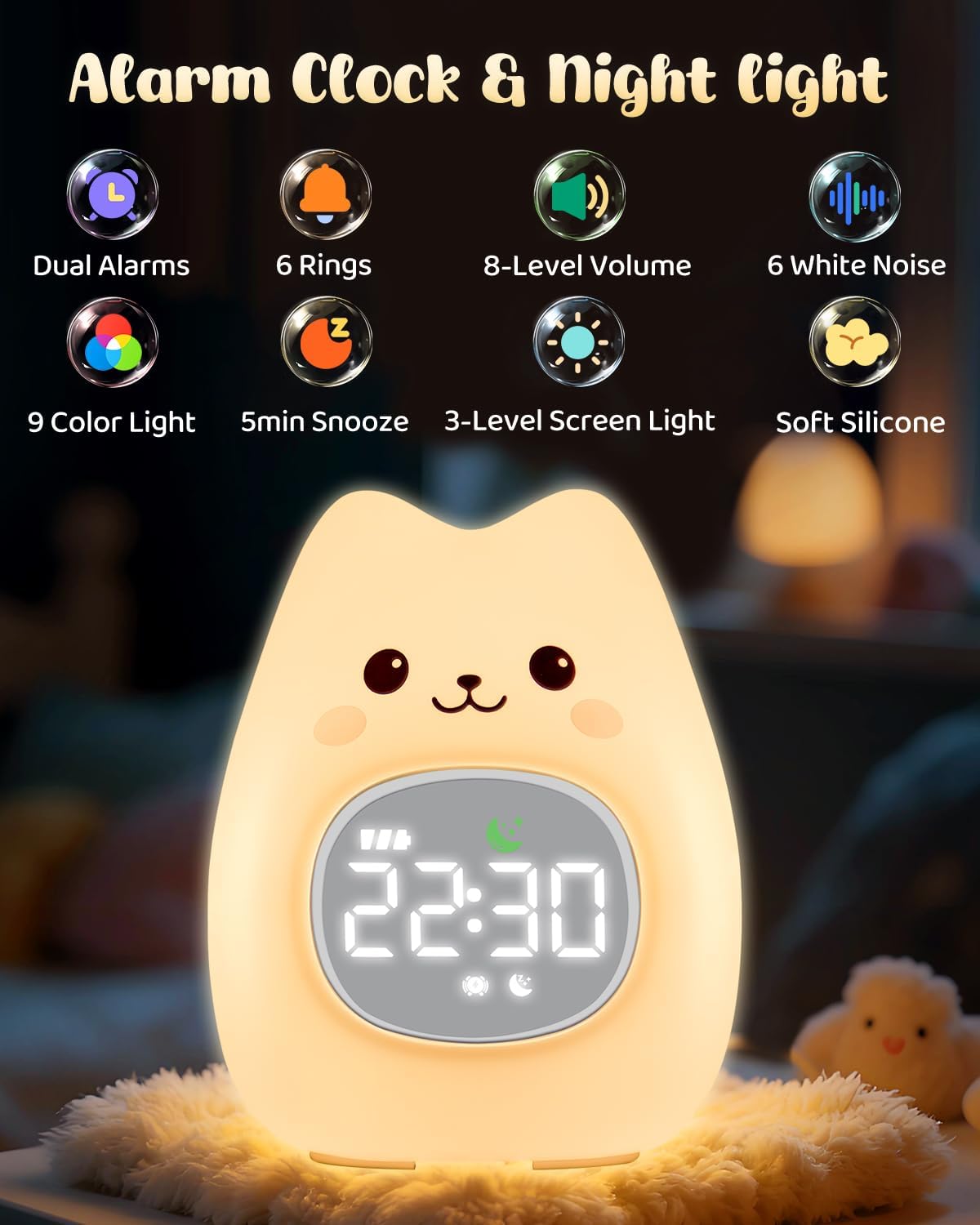Yiliaw Cat Alarm Clock for Kids with Night Light, Sleep Training Clock Time to Wake Clock, Rechargeable Silicone Light for Bedroom, Perfect Sleep Companion for Boys Girls