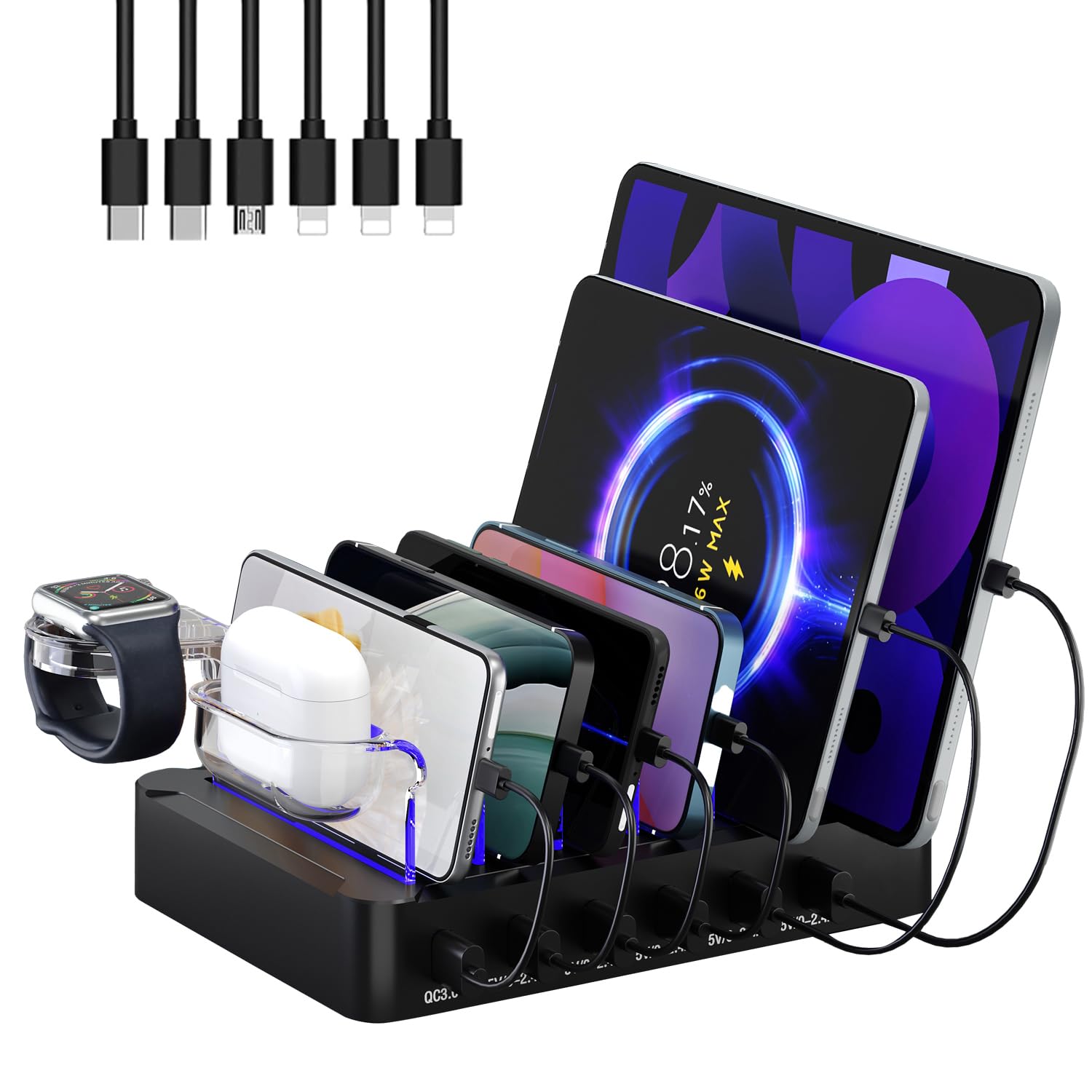 Stazione di ricarica USB C Multi Dock 6 porte PD 96 W Smart Ricarica Rapida 3 X PD 20 W USB C Connettore di ricarica compatibile per Phones lPad Lwatch Stand Tablet Più Dispositivi (6 cavi inclusi