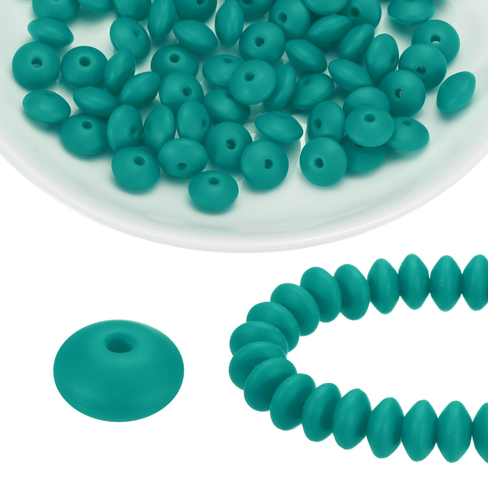 sourcing map 100Pcs Silicone Beads 12mm Lentil Rubber Focal Beads Bulk for Pens Keychain Bracelet Necklace DIY Crafts Making, Dark Green