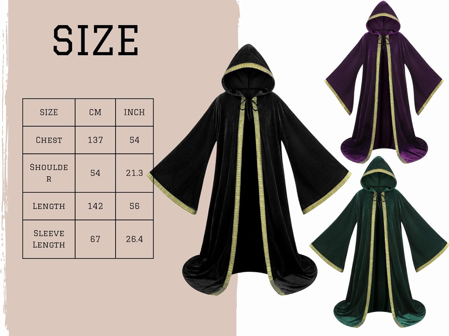 Velvet Wizard Robe Witch Cloak with Hood and Sleeves Vampire Cape Halloween Cosplay - Image 3