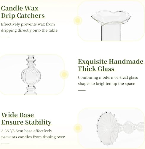 Miniatura 6 de Glasseam Portavelas cónicos de vidrio juego de 3 candelabros transparentes decorativos con Bobeche modernos candelabros cónicos acanalados para