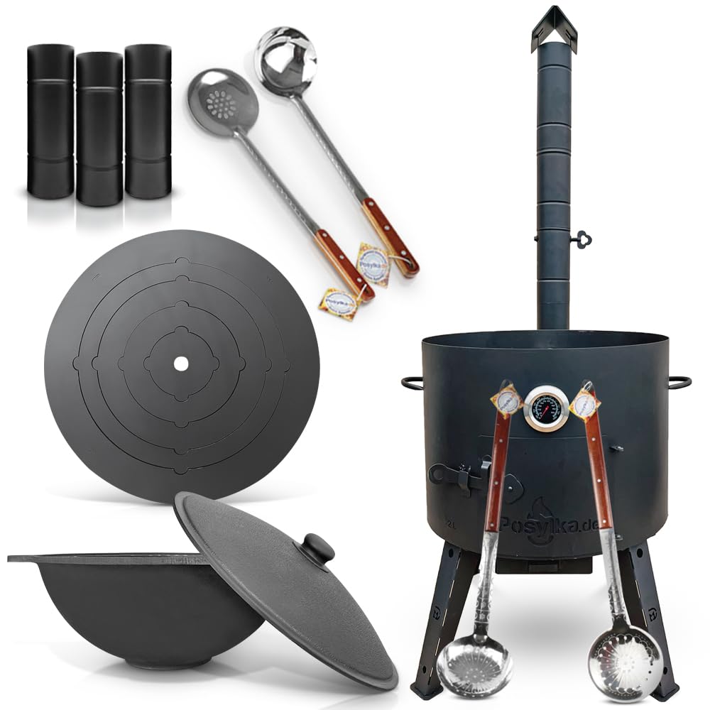 Utschak Uchag Feuerofen Ø 49 cm 2 mm Stahl Herdplatte 4mm Kazan 22 L flacher Boden mit Thermometer Schaumlöffel 64 cm x2,Verlängerungsrohr,Schaumlöffel 48 cm,Schöpfkelle 48 cm (Set F22-2)