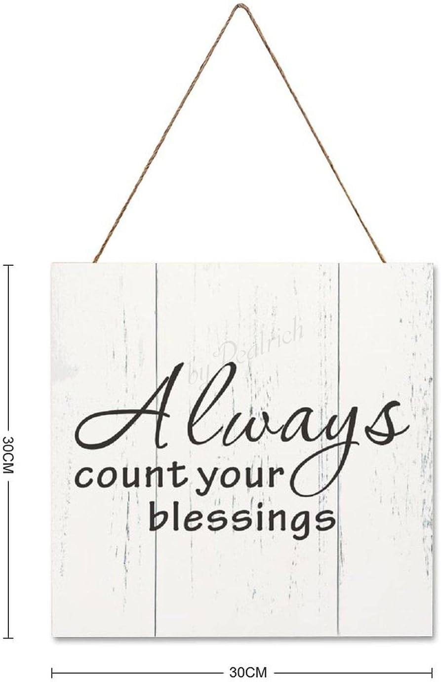 Always Count Your Blessings Wood Wall Decor Plaque Sign Farmhouse Rustic Wall Decoration Hanging Sign with Rope 12"x12", Black