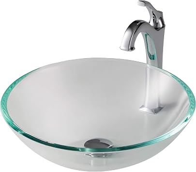 KRAUS 16 1/2-inch Crystal Clear Glass Bathroom Vessel Sink and ArloTM Faucet Combo Set with Pop-Up Drain, Chrome Finish