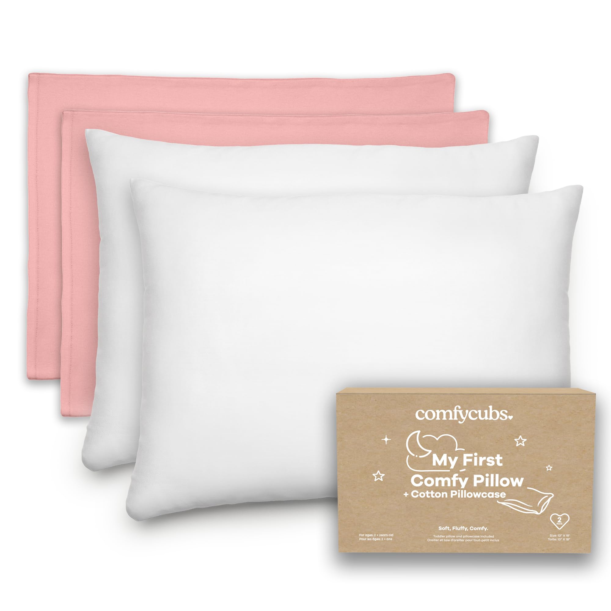 Comfy Cubs Toddler Pillow with Cotton Pillowcase, 13 x 18 in, 2 Pack - Lightweight, Breathable Microfiber Fill for Sleeping and Travel - Soft and Cozy Small Pillow for Toddlers - Blush