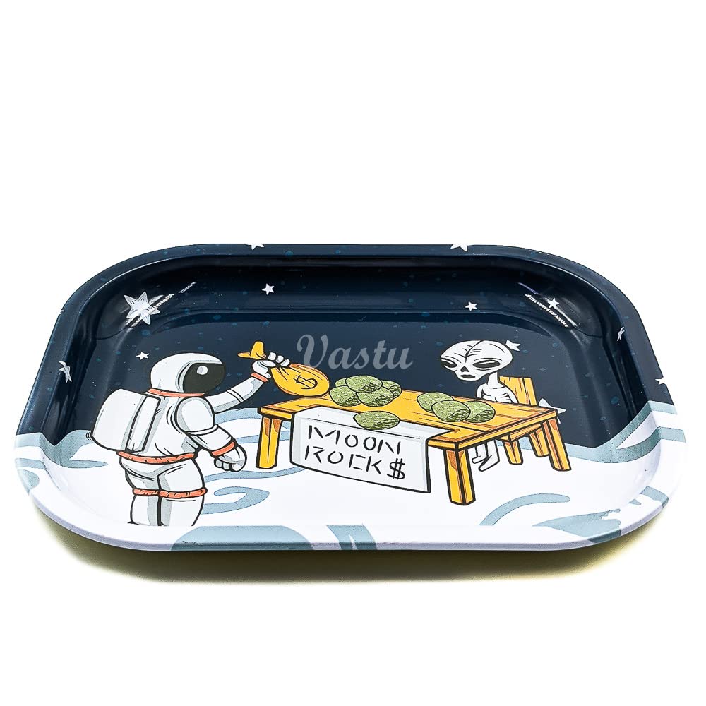 Rolling Tray - Small Metal Smoking Rolling Tray - Various Cartoon Designs (Moon Rocks)