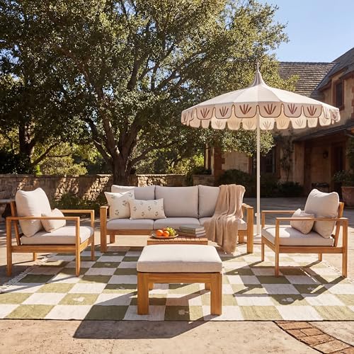 Christopher Knight Home Kayahs 5 Pieces Acacia Wood Furniture Set, Patio Conversation Sofa Chat Set with Coffee Table and Ottoman, Outdoor Sectional Sofa Set for Backyard Balcony, Teak Finish+Beige