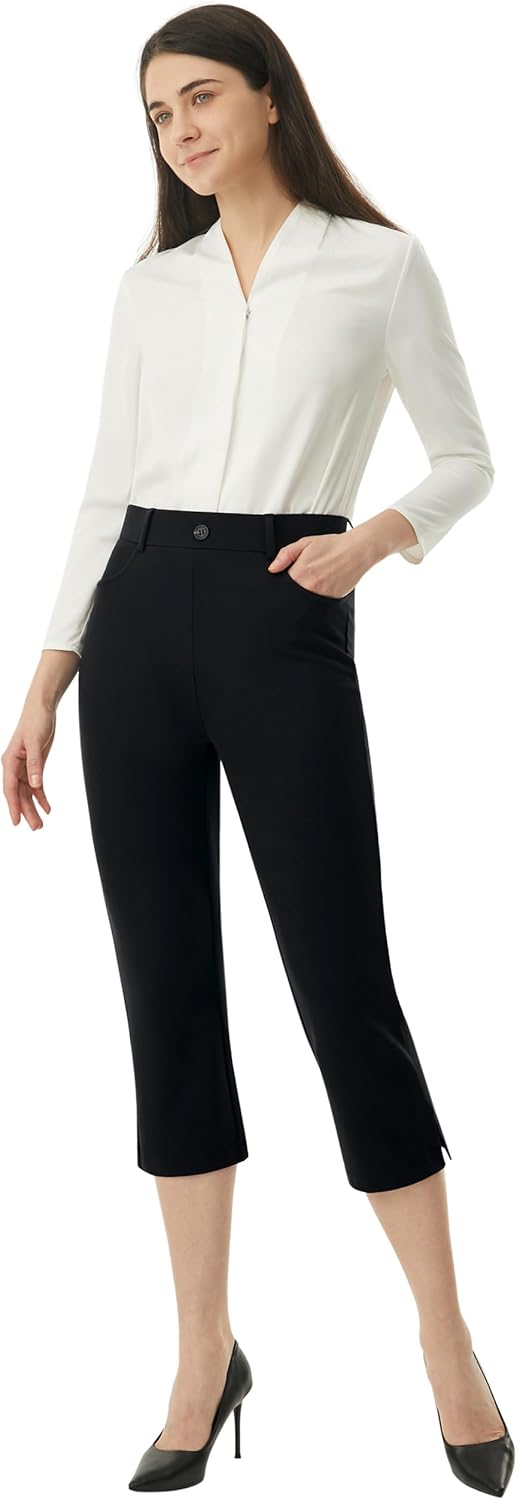 AFITNE Women's Pull On Capri Pants Dress Yoga Pants with Pockets High Waist Stretch Business Work Casual Cropped Slacks 21" - Image 7