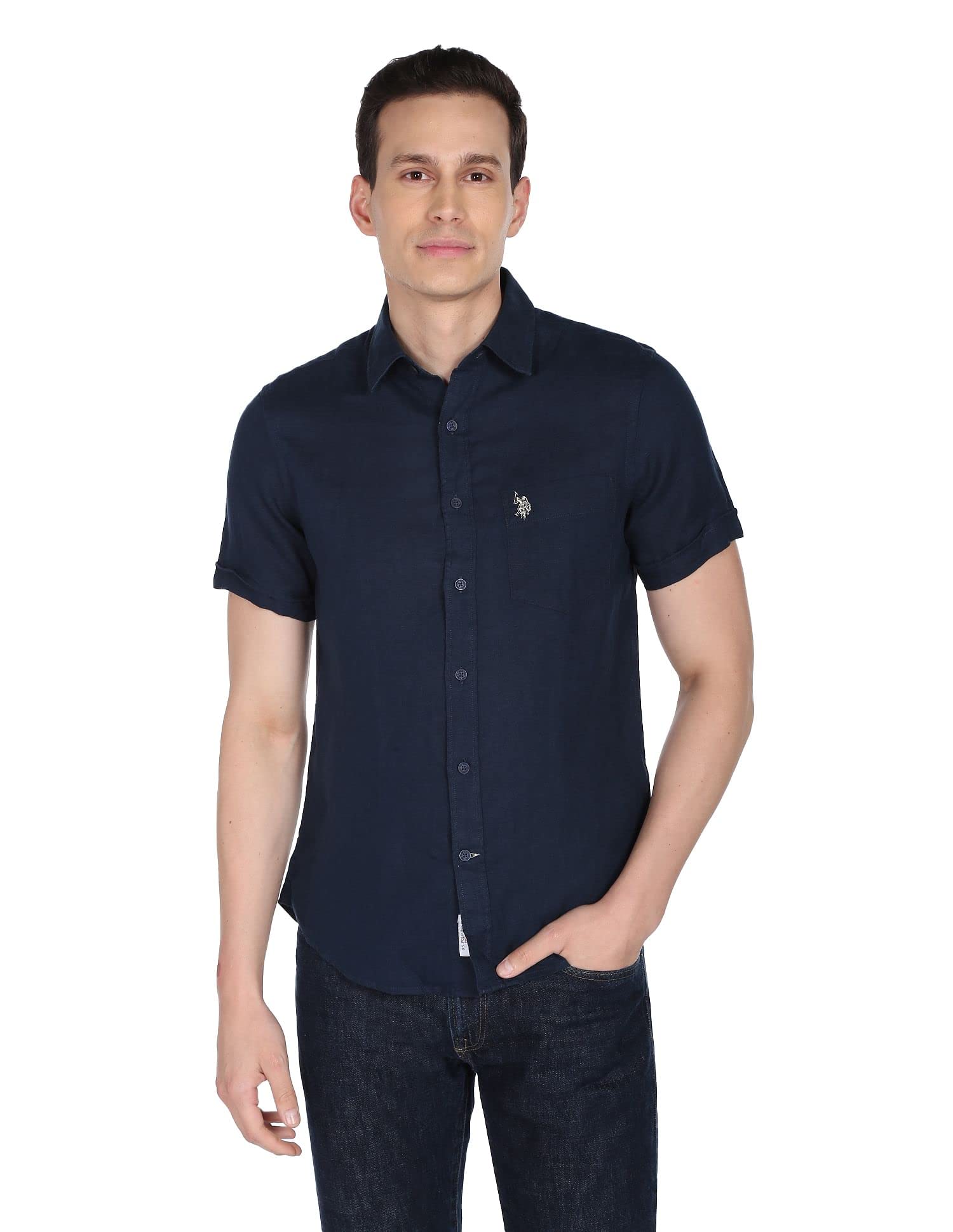 u.s. polo assn. Men's Solid Linen Tailored Fit Button Down Half Sleeve Casual Shirt-picture-32