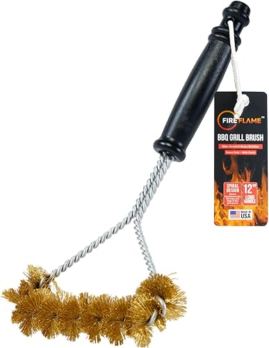 Fireflame BBQ Grill Brush – Non-Scratch Brass Bristles - 12-Inch Long Handle Barbecue Grill Cleaning Brush - Wide-Faced Spiral Heavy-Duty – Made in The USA