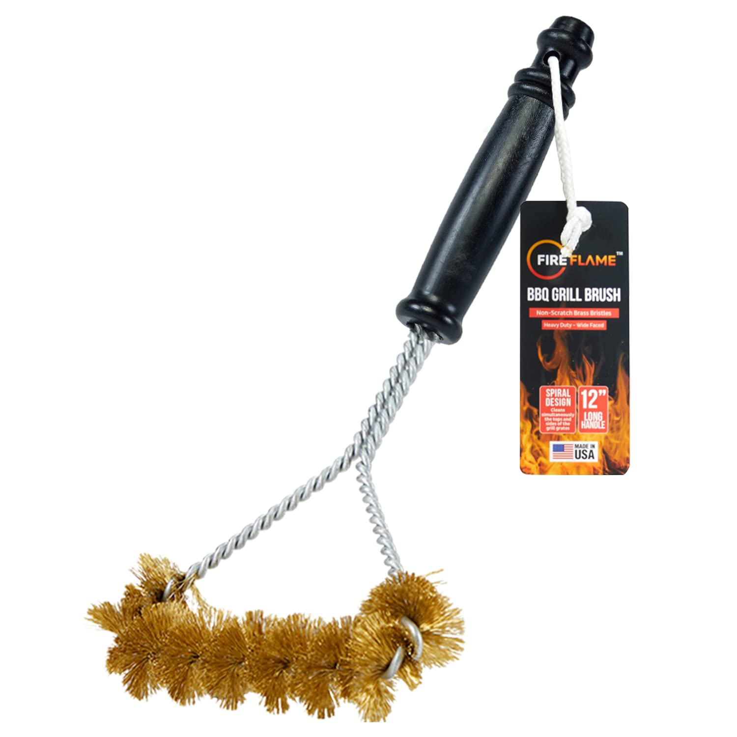 Fireflame - Spazzola per barbecue con setole in ottone antigraffio, manico lungo 30,5 cm, per la pulizia della griglia, a spirale larga e resistente, prodotta negli Stati Uniti