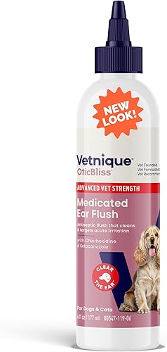 Vetnique Oticbliss - Tratamiento medicado para infección de oído de perro de fuerza avanzada, limpiador antiséptico de oídos para gatos y perros,