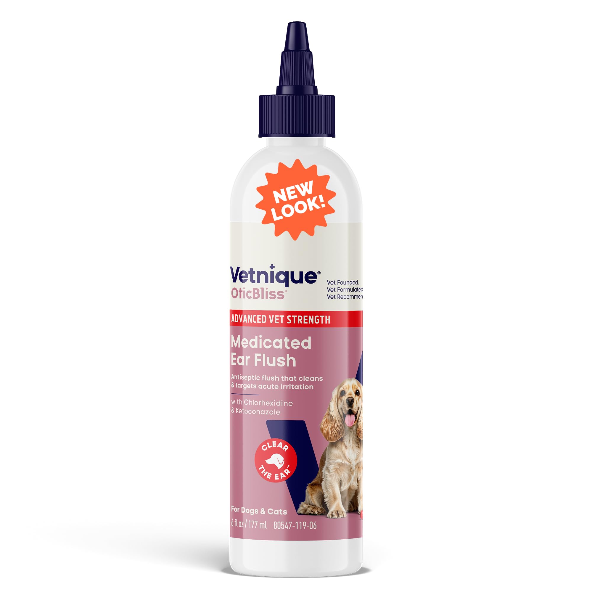 Vetnique Oticbliss Advanced Strength Dog Ear Infection Treatment Flush, Antiseptic Cat & Dog Ear Cleaner Solution Medicated with Chlorhexidine & Ketoconazole Helps with Ear Yeast (6oz Flush)
