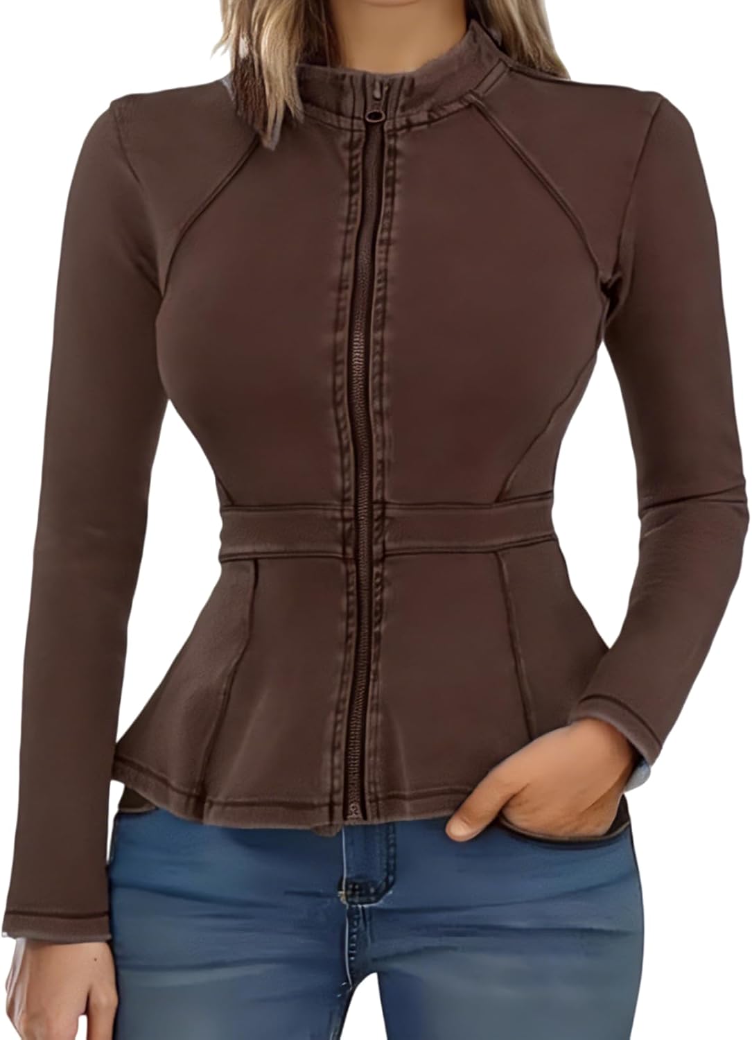 Casual Denim Peplum Jacket for Women Long Sleeve Zip Front Athletic Workout Ruffle Blazer Coats