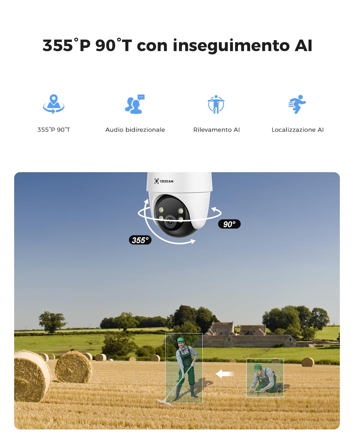 COCOCAM 24/7 Registrazione AOV 4G LTE Telecamera Esterno con Batteria 15000mAh Pannello Solare 8W, 2K PTZ, Rilevamento AI, Tracking AI, Visione Notturna 30 Metri, Scheda eSIM Inclusa (NO WIFI)