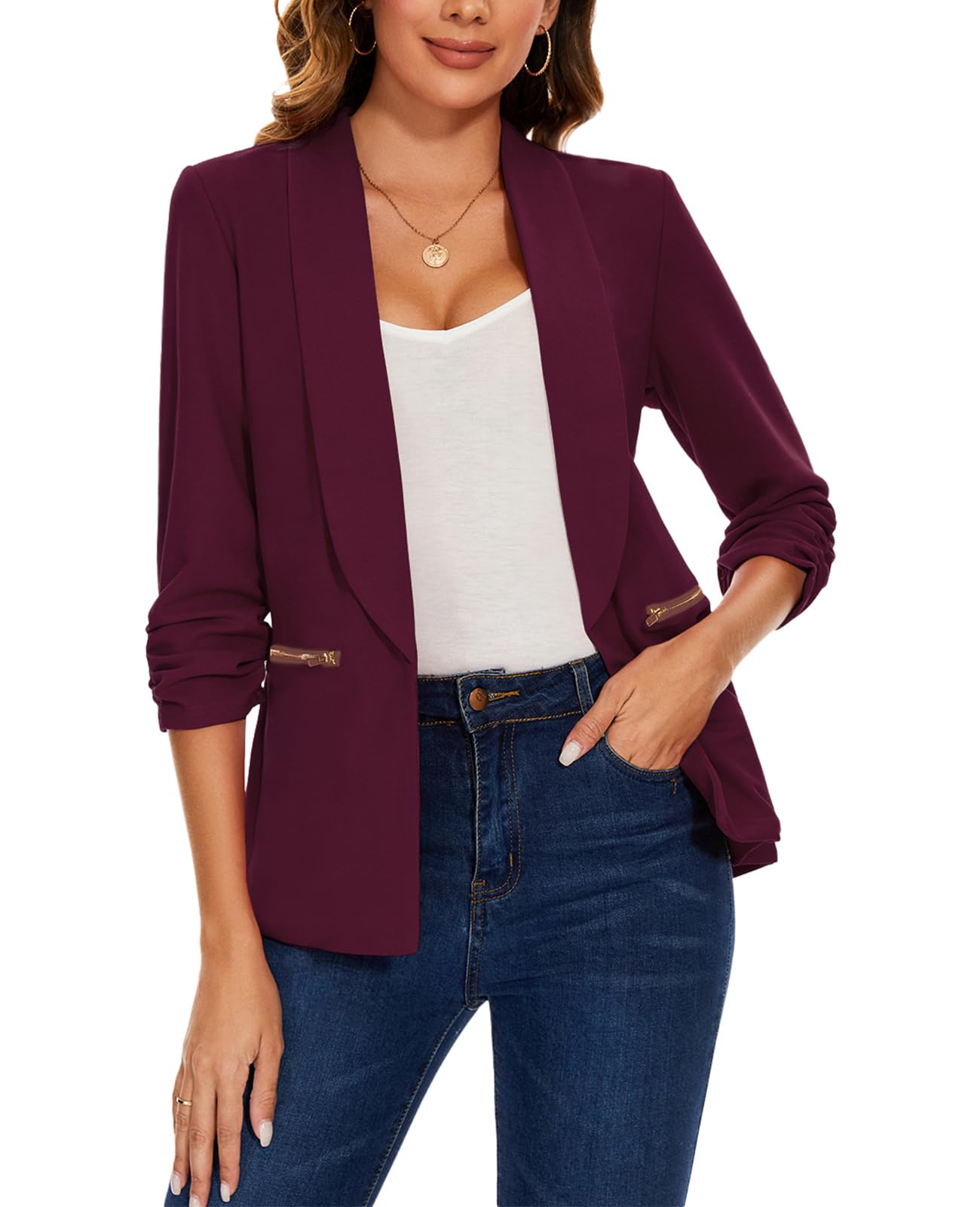 Womens Casual Blazer Ruched 3 4 Sleeve Open Front Cardigan Work Office Blazers Suit Jacket with Zipper Pocket