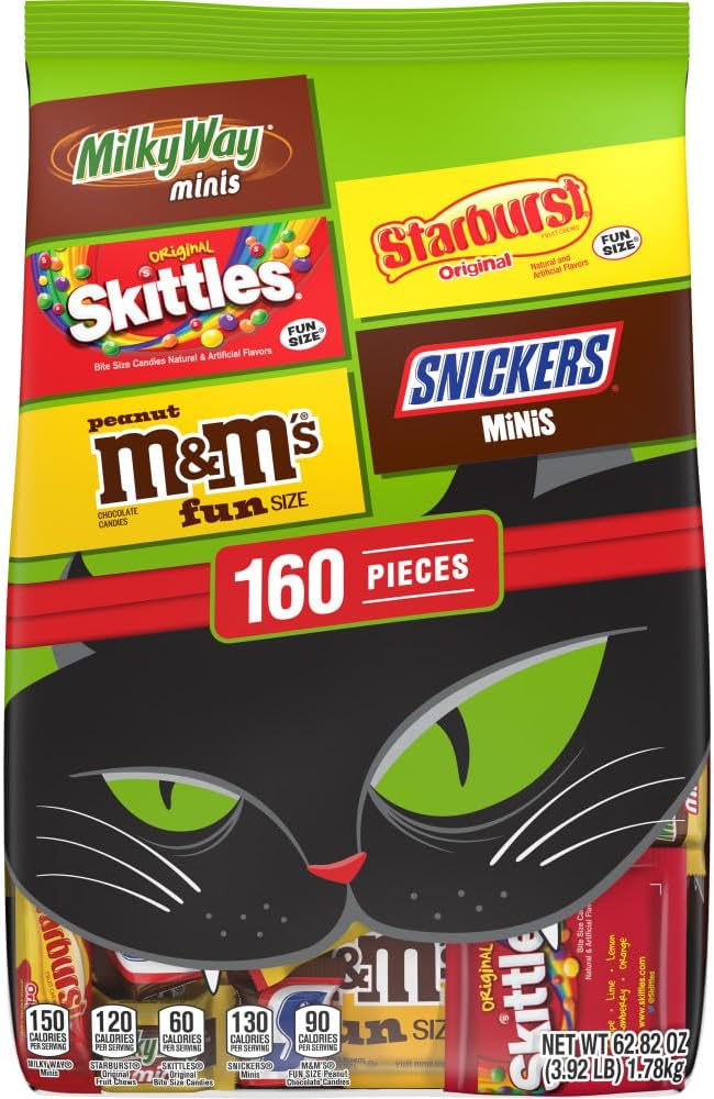 M&M'S, SNICKERS, SKITTLES, & STARBURST Halloween Candy Bulk Chocolate and Fruity Candies Fun Size Variety Pack of Halloween Snacks, Treats, and Party Favors, 160 Ct Bag