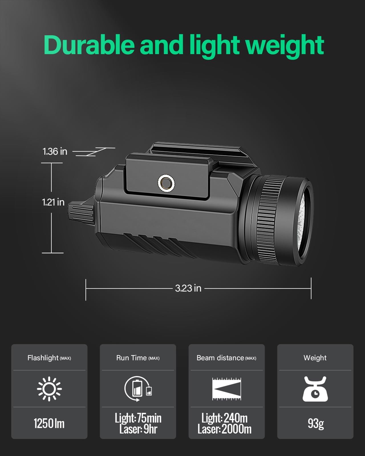 DARKFANG 1200 lumens Picatinny lampe de poche et laser vert combo avec batterie rechargeable extérieure intégrée