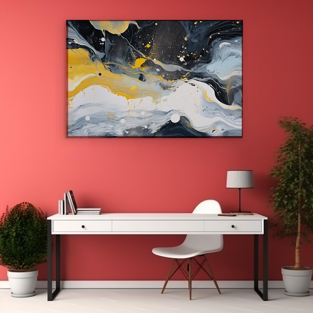 Canvas for Living room. Dynamic Contrasts in Motion Abstract Energy Unleashed Through Bold Black, White, and Yellow Palette, 27 x 18 inch Canvas Wall Art - Modern Home Decor - 69x46 cm (27x18 inch)
