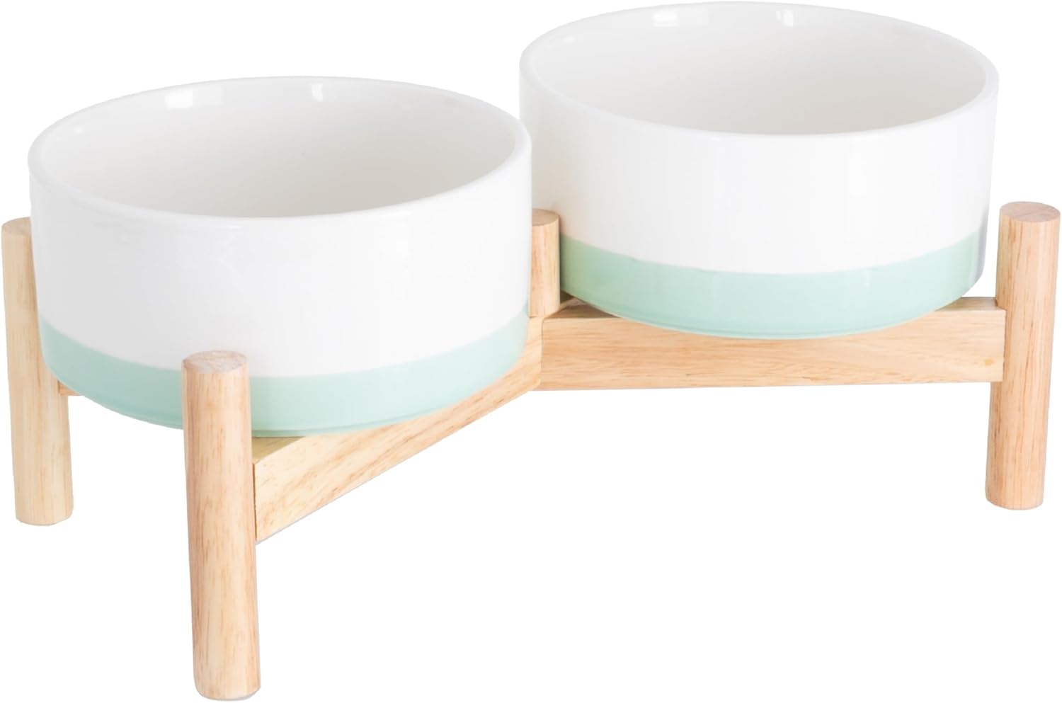 Ilyapa Ceramic Dog Bowls - Elevated for Medium Sized Pet with Raised Food and Water Set - Blue Double 6 inch, 28 Oz Bowls & 13x6.3x5.5 Wooden Stand