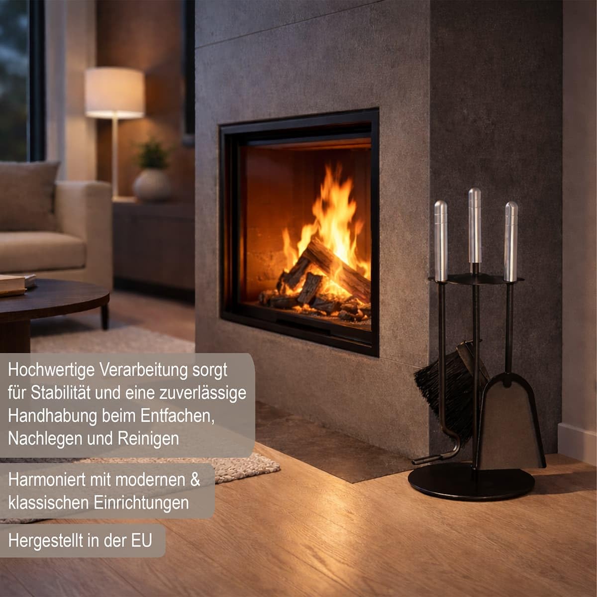 MS Beschläge Kaminbesteck 4-tlg. schwarz pulverbeschichtet – modernes Ofenbesteck Kamin-Set mit Schürhaken, Schaufel und Besen - kompakt & platzsparend - Kamingarnitur rund Griffe Aluminium gebürstet