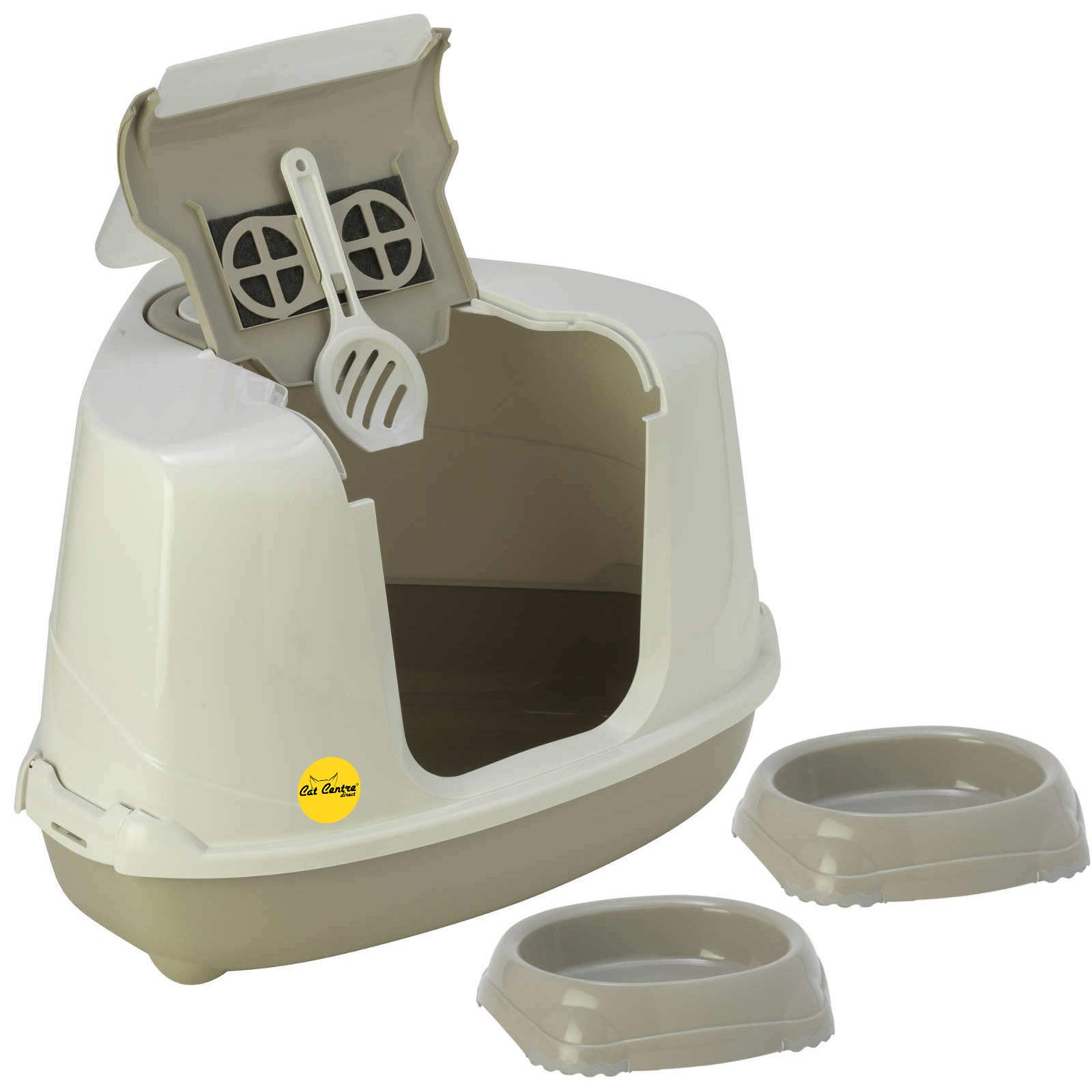 CAT CENTRE Grey Corner Cat Hooded Litter Tray + 2x0.2L Non Slip Bowls Toilet Loo Filter Scoop Pan