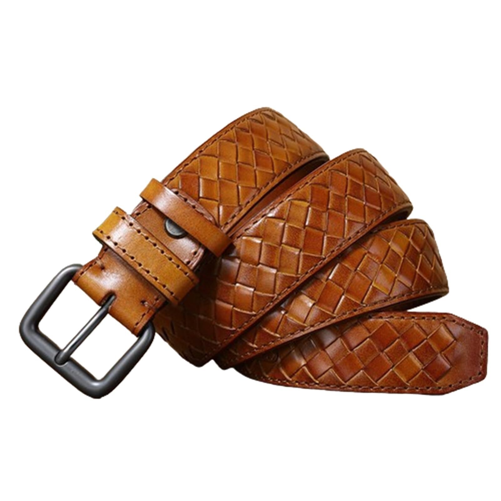 Cintura in vera pelle pieno fiore for uomo/donna, motivo a quadri con motivo intrecciato, cinturino lavorato in rilievo, larghezza 3,3 cm, spessore 4 mm