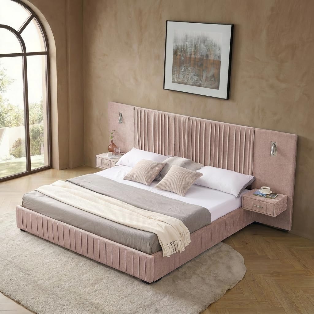 Queen Size Luxury Bed Frame with Pleated Design Headboard, Upholstered Hotel Platform Bed with Built-in LED Lights and Nightstands, Quick & Easy Assembly, Beige