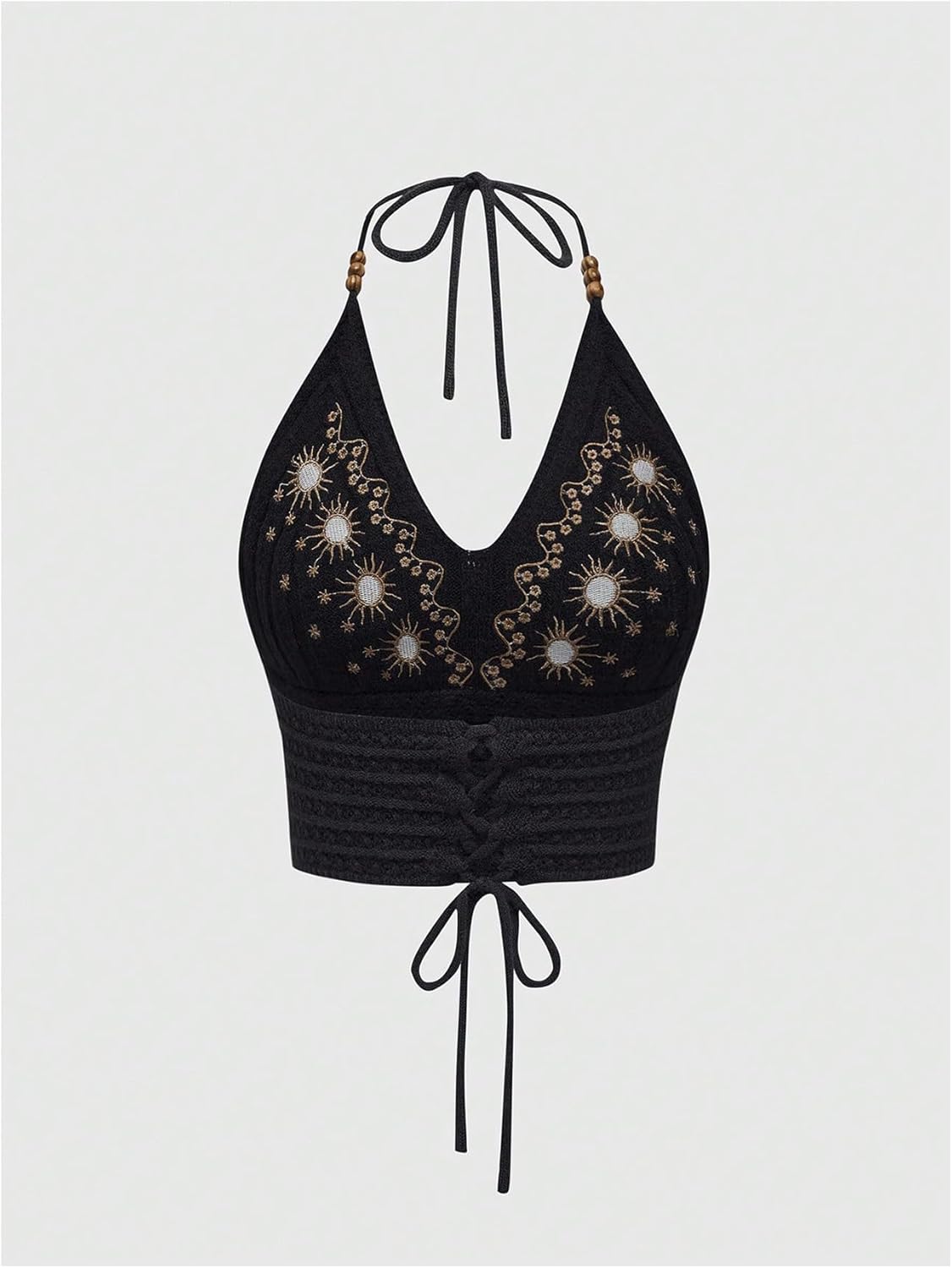 SHENHE Women's Open Back Knitted Halter Crop Top Tie Backless Embroidered Hippie Top - Image 2