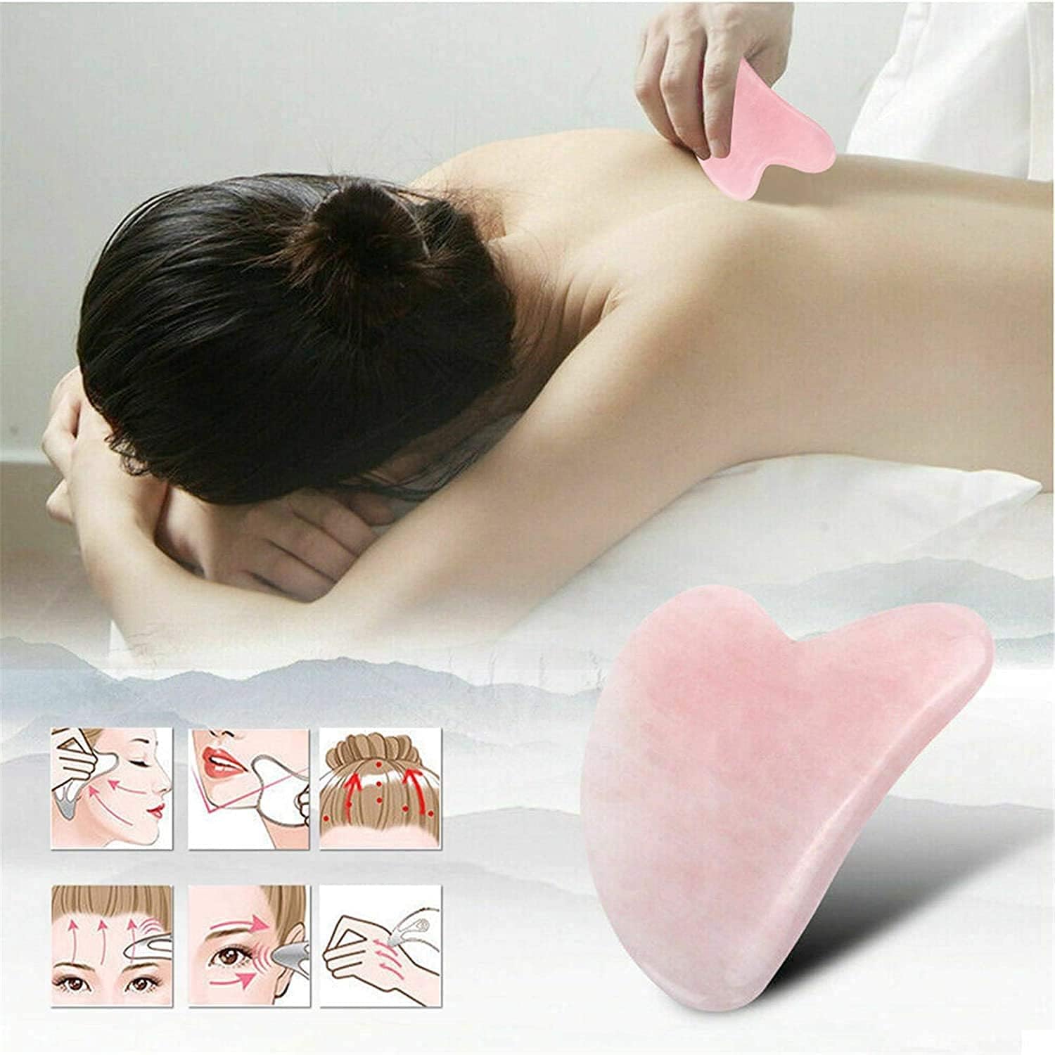 Gua Sha Tool for Face: Real Jade Gua Sha Tools Beauty Skin Care Facial Massager Scrapping Board, for Face and Body, for SPA Acupuncture Therapy Trigger Point Treatment(Pink)