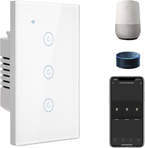 BSEED Smart Light Switch,Smart Life 3 Gang WiFi Touch Switch with APP Control and Timing Function,White Monopod Switches W...