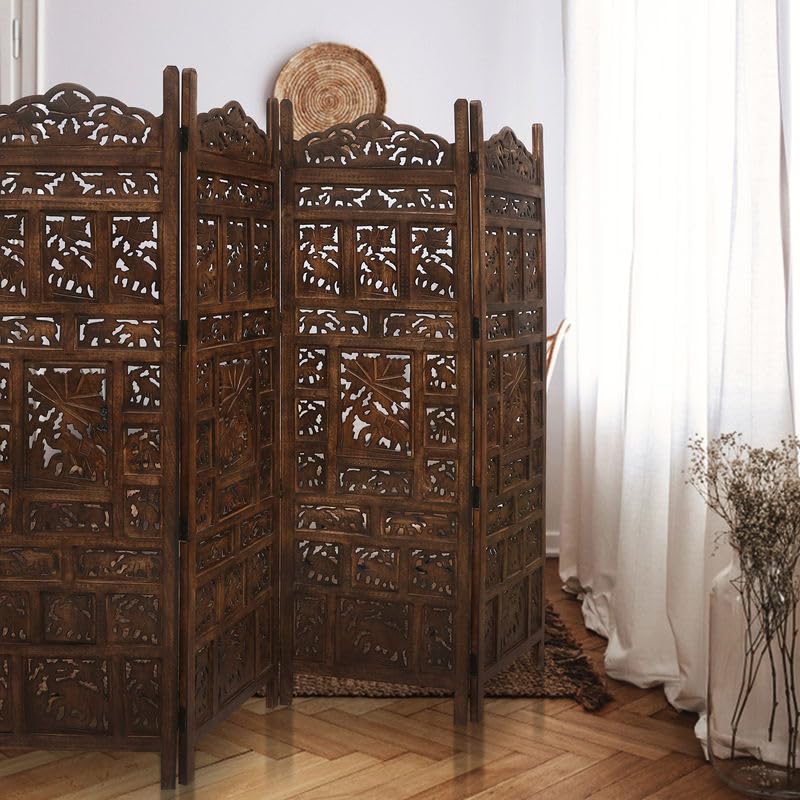Image of Home & Goods International Wooden Room Divider Partition - Foldable Wood Screen Separator for Living Room, Bedroom, Office, Restaurant || Elephant Design - 4 Panel (Brown)