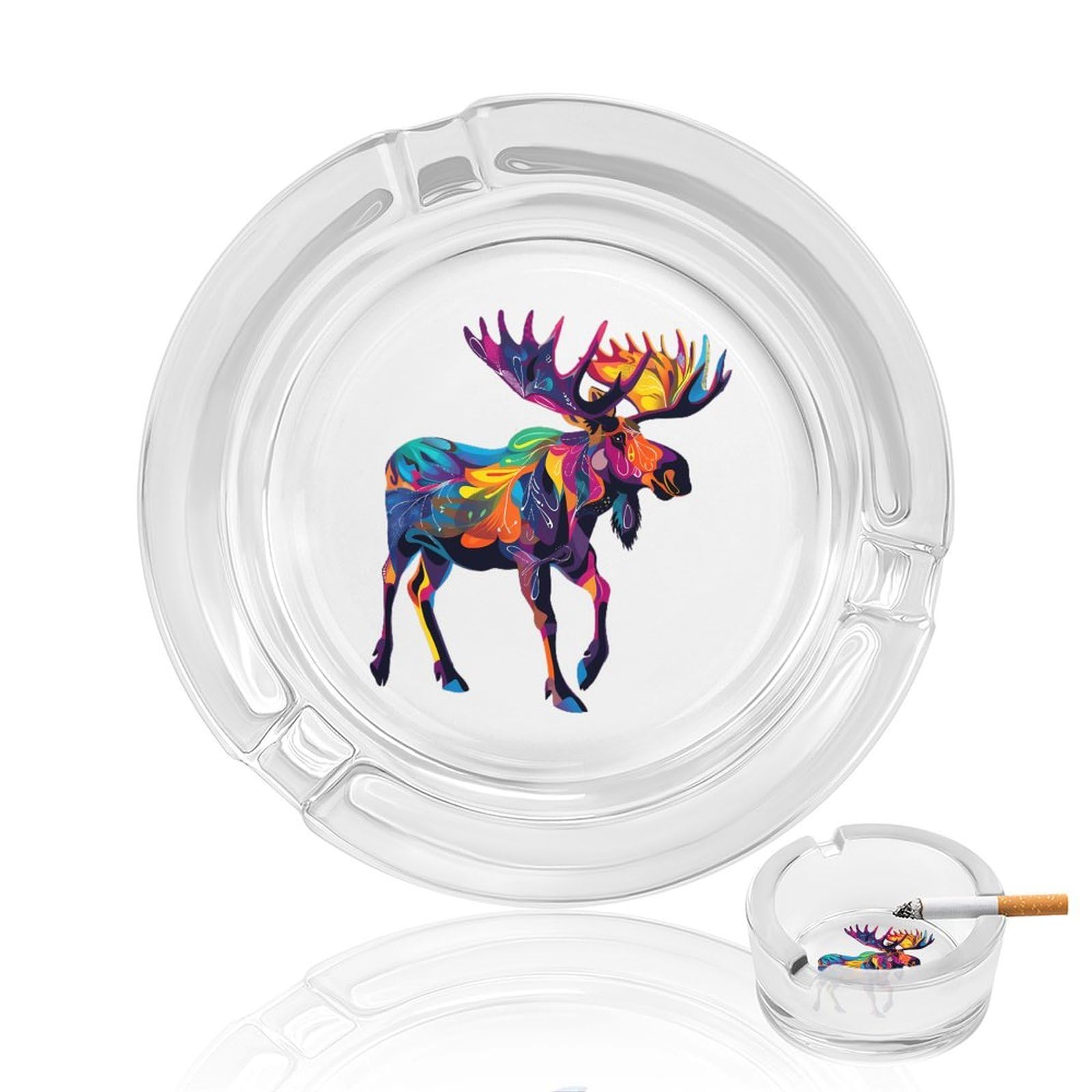 Colorful Canadian Moose Abstract Paint Wildlife Ashtray Portable Round Glass Outdoor Ash Tray for Home Office Garden Pub