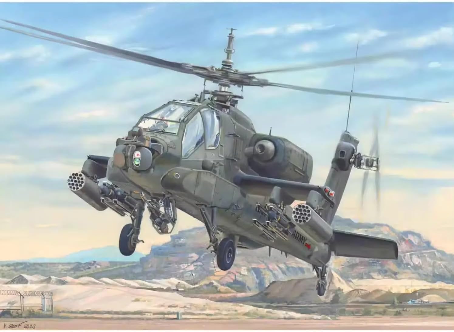 Completed model of the AH-64A Apache helicopter, showcasing intricate details and weaponry.