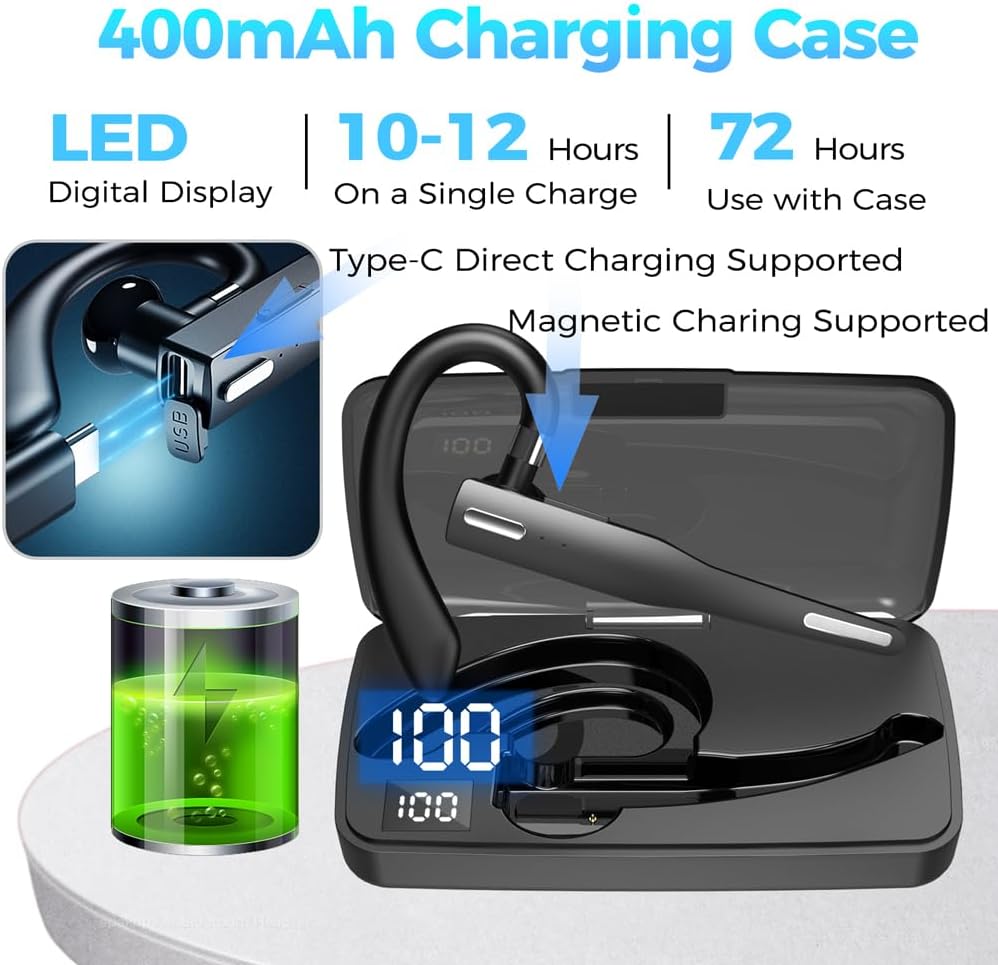 AI Bluetooth Headset Wireless Bluetooth Headphone Earphone Earpiece with Translation, Noise Cancelling, Last 72H, Single-Ear Earbuds with Microphone, for Phone/PC/Laptop, Daily/Office/Trucker