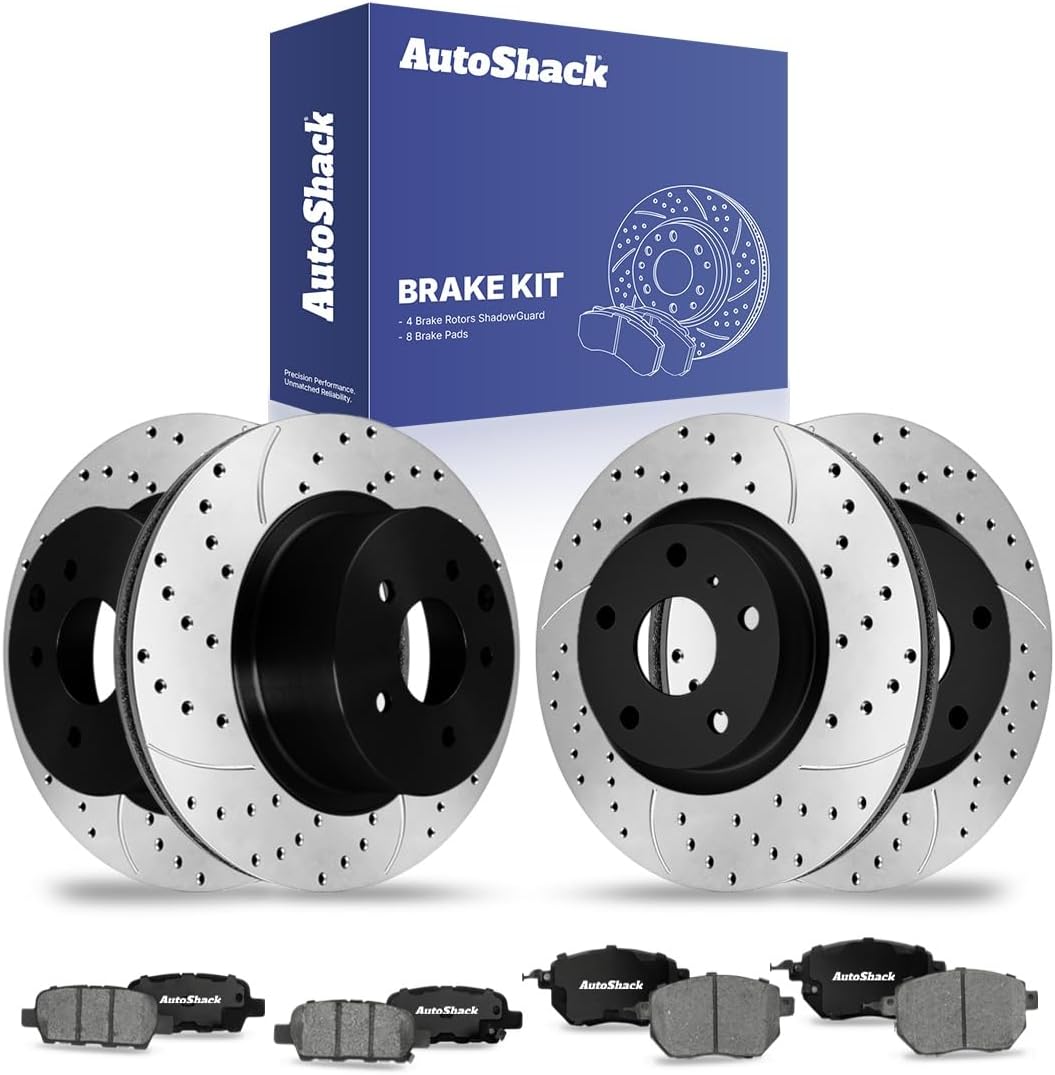 AutoShack Front Vented & Rear Vented Drilled & Slotted E-Coated Brake Rotors + Ceramic Pads 12-PC Brake Kit Replacement for 2009-2010 Nissan Murano 2004-2007 Nissan Murano ShadowGuard