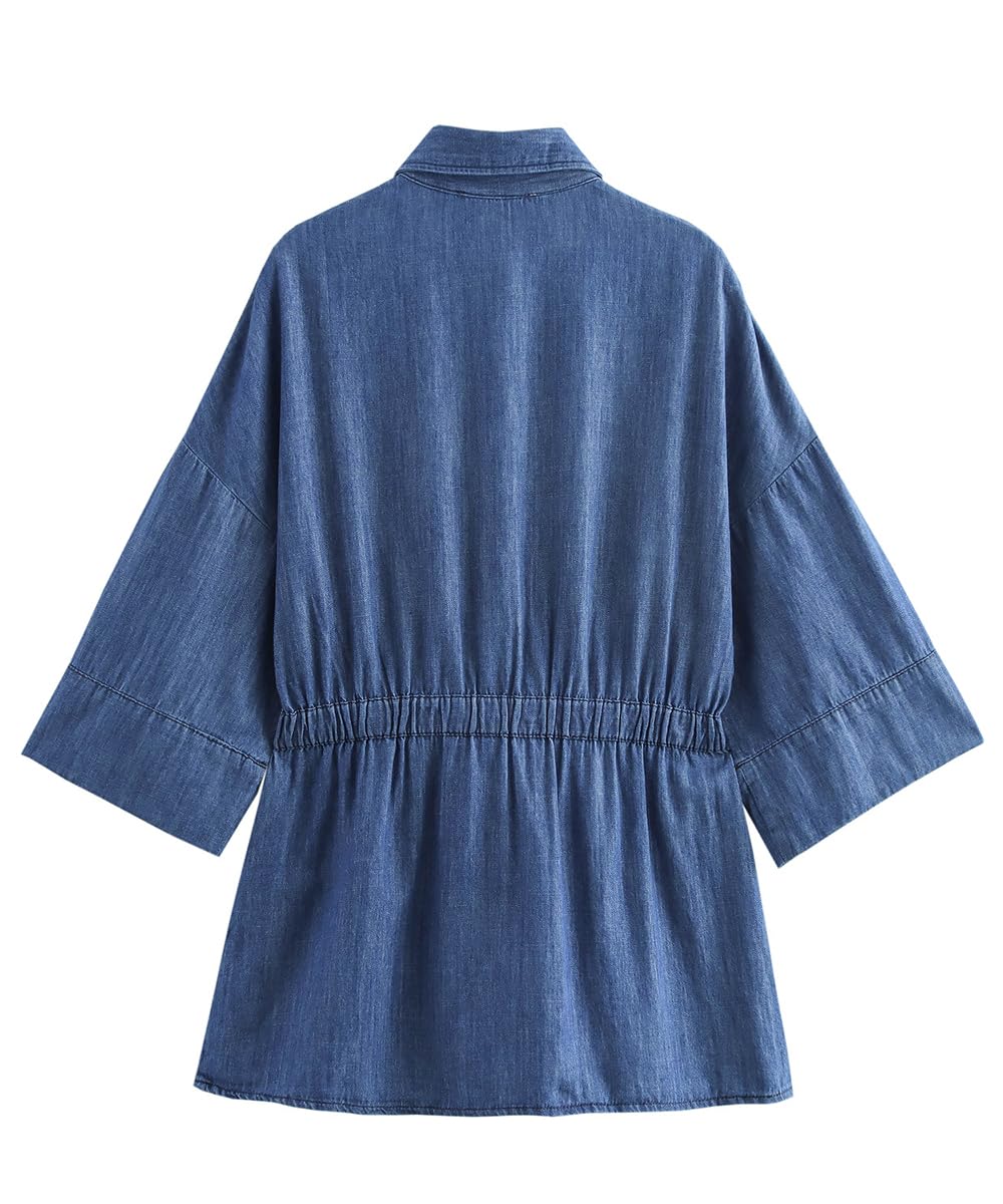 Camisas de Mezclilla para Las Mujeres Moda Casual Manga Larga Solapa botón cordón Cintura Ligero Jean Camisas Tops