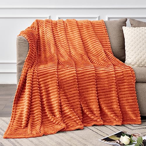 Image of BEDELITE Fall Throw Blanket for Couch - 3D Ribbed Jacquard Soft & Warm Decorative Burnt Orange Blanket, Cozy, Plush, Fluffy, Fuzzy Fleece Throw Blanket for Bed, Sofa 50x60Inches