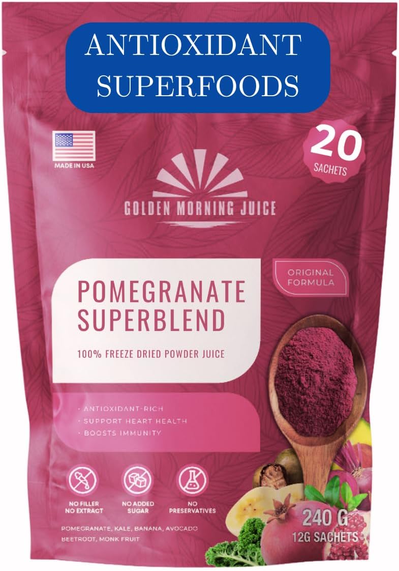 Pomegranate Superblend 100% Freeze Dried Powder Juice, Pomegranate, Avocado, Kale, Beets, Banana, Monk Fruit, No Sugar added.