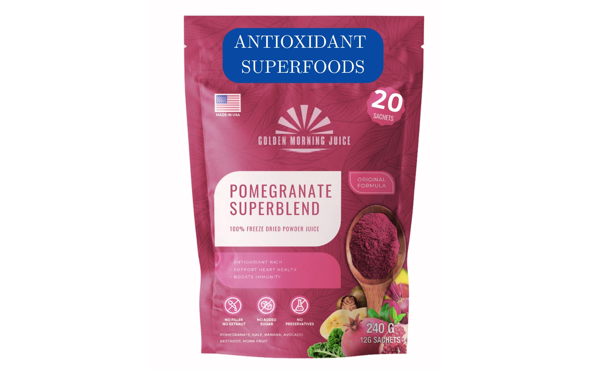 Pomegranate Superblend 100% Freeze Dried Powder Juice, Pomegranate, Avocado, Kale, Beets, Banana, Monk Fruit, No Sugar added.