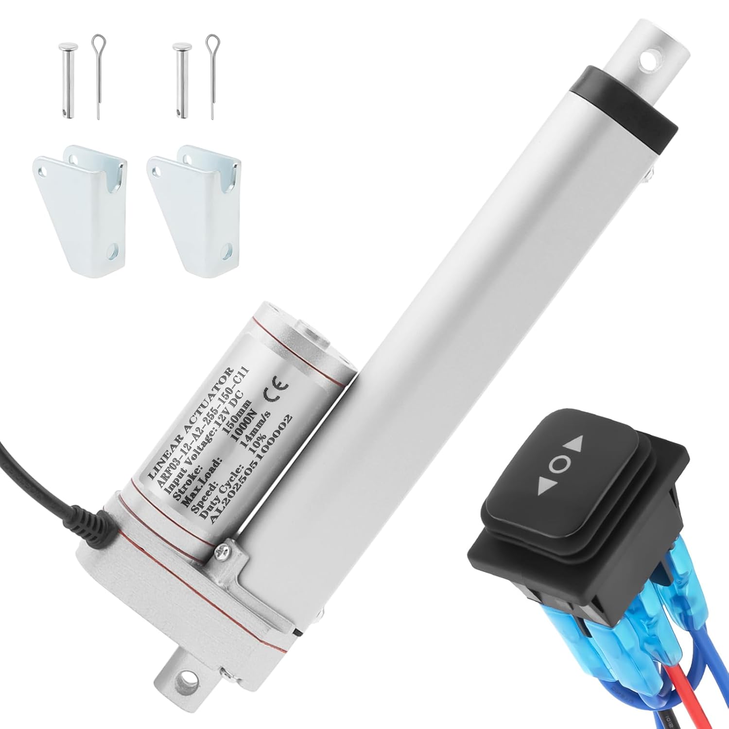 150mm Stroke 12V Linear Motion Actuator High Speed 14mm/s 1000N/220lb IP54 Waterproof Heavy Duty Linear Electric Actuator with Waterproof Switch, Mounting Bracket (150mm)