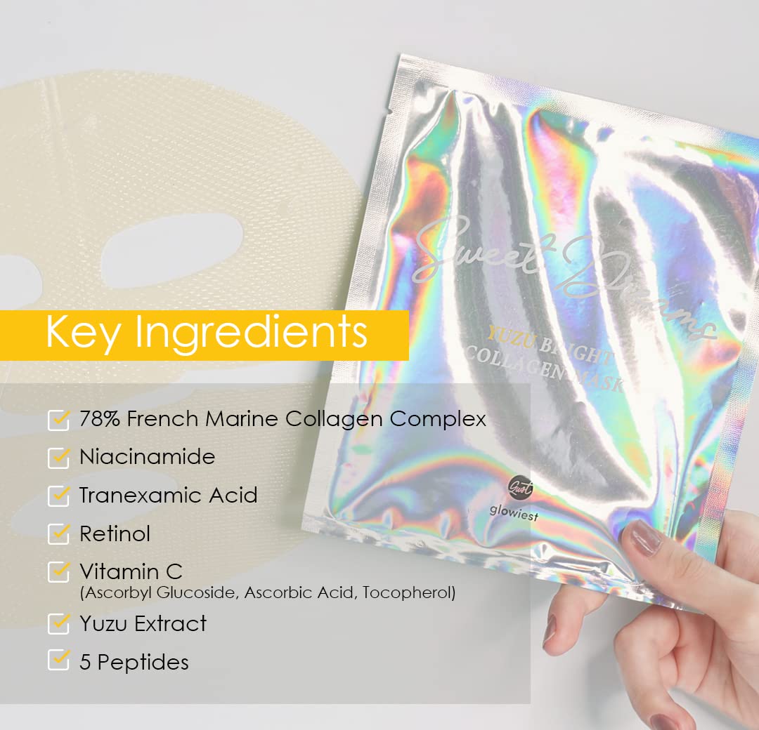 glowiest Sweet Dreams Yuzu Bright Collagen Mask Set of 3, Hydrating Face Collagen Jelly Mask, 78% Collagen, Niacinamide, Vitamin C, Peptides, Korean Skincare