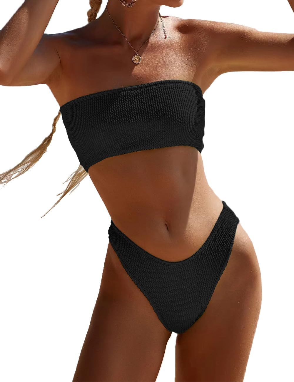 Women's Two Piece Bandeau Swimsuit Ribbed Strapless Tube Bikini Top with Mid Waist Cheeky Bottom Bathing Suit