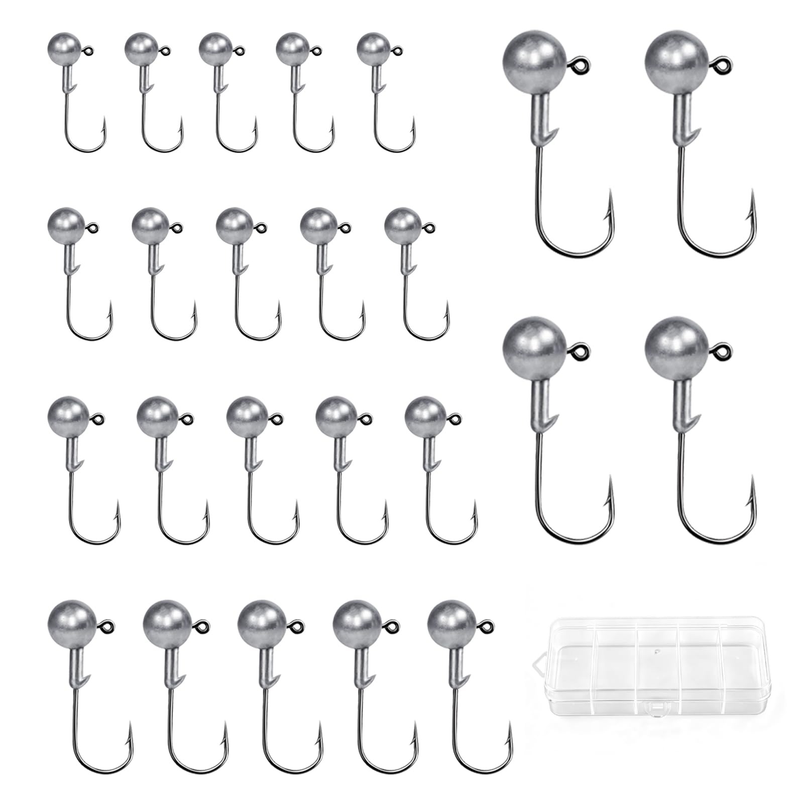 24 Piezas Cabezas Plomadas Pesca, Kit Jig Head 3,5g 5g 7g 10g 14g, Anzuelos Púas Alta Resistencia en Acero al Carbono, Anzuelo para Cebo Suave con Caja Almacenamiento para Pesca en Agua Dulce Salada