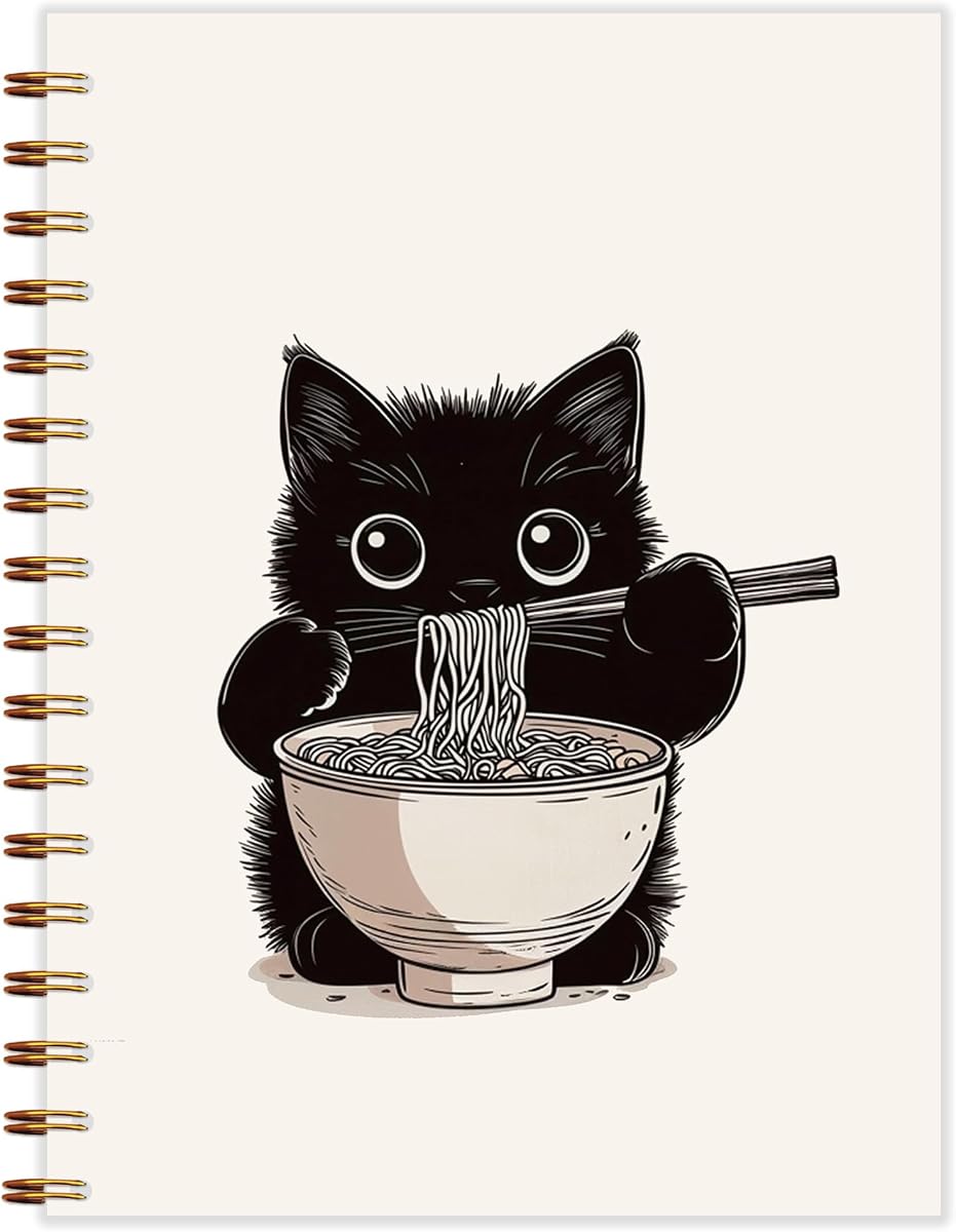Cuaderno en espiral Ramen Black Cat de 5,5 x 8,3, cuadernos para gatos, amantes de los gatos, regalos para mamá y señora, diarios para escribir, suministros de oficina para gatos, cuadernos japoneses lindos gatitos negros para tomar notas