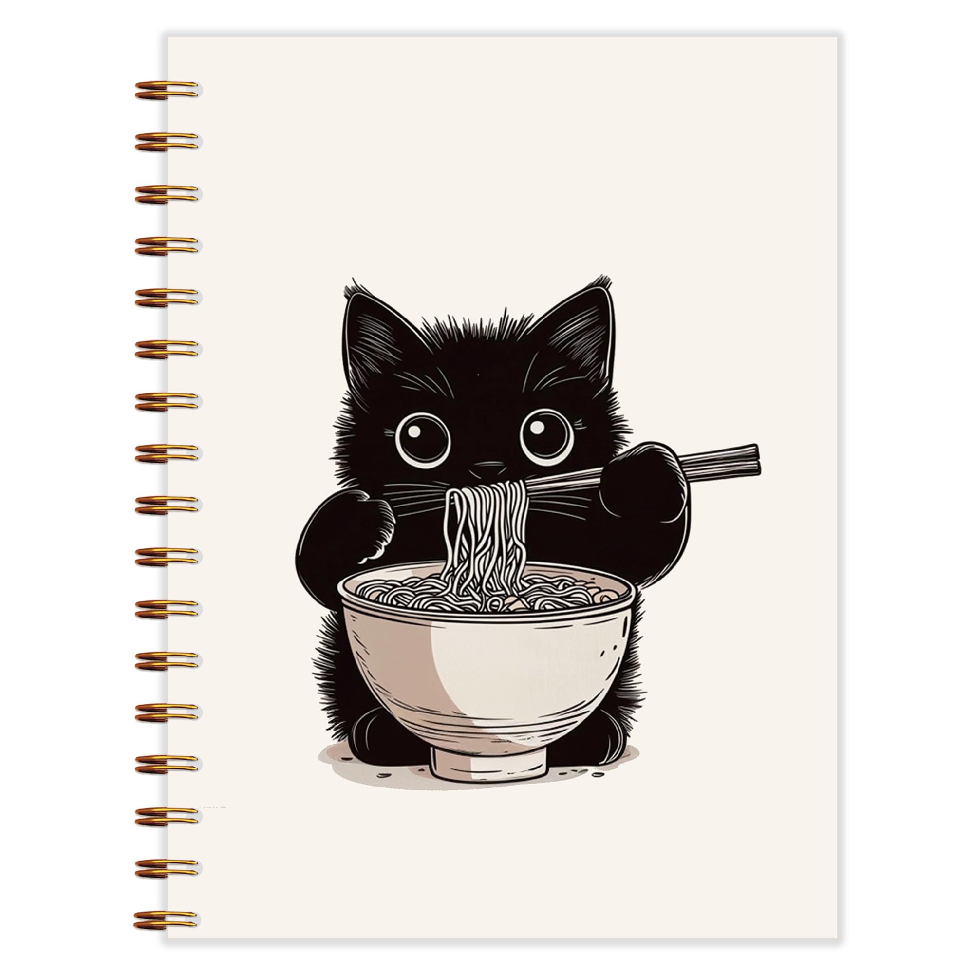Qnhij Ramen Black Cat Spiral Notebook 5.5x8.3, Cats Lover Mom Lady Gifts Journals for Writing, Cat Office Supplies, Japanese Noddle Cute Black Kitten Notebooks for Note Taking