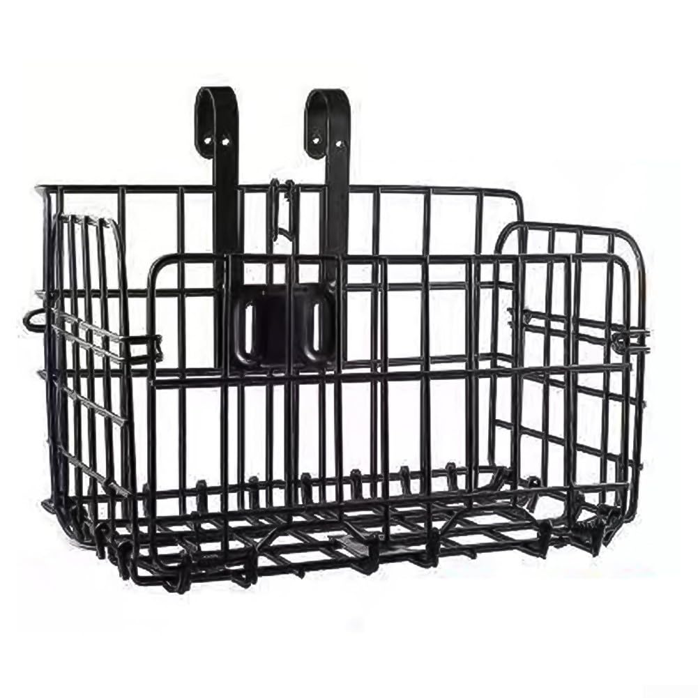 Iron Folding Bike Basket with Quick Release Hook, Sturdy Front or Rear Cargo Carrier for Mountain Bikes, Simple Installation(Thin Black)