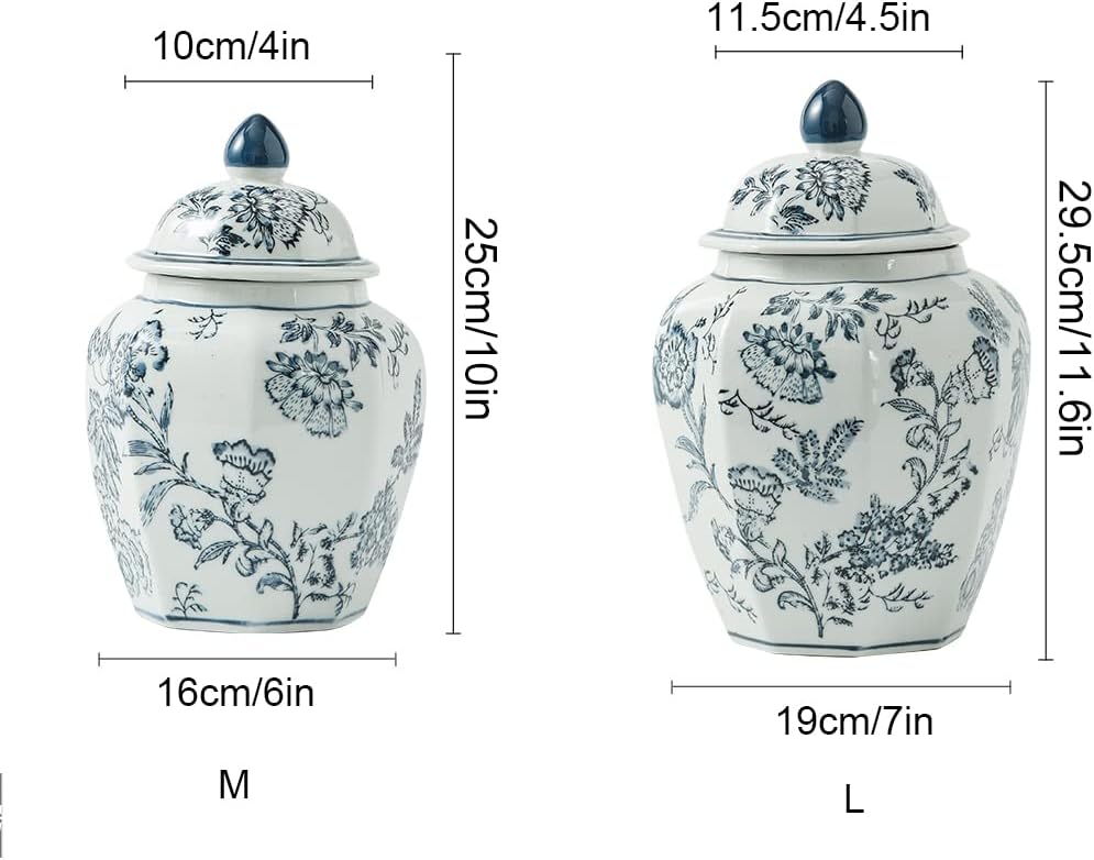 White and Blue Porcelain Vases Ginger Jar Floral Chinoiserie Jar with Lid,Ceramic Octagonal Ginger Jar,Tea Storage Jar Temple Jars with Lid Decorative,Home Décor L,Blue Large,Blue,M