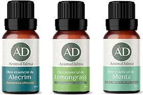 Kit 3 Óleos Essenciais 100% Puros - Alecrim, Lemongrass e Menta - Ideal Para Difusor, Aromaterapia e Cuidados Com o Corpo | Aroma D’alma
