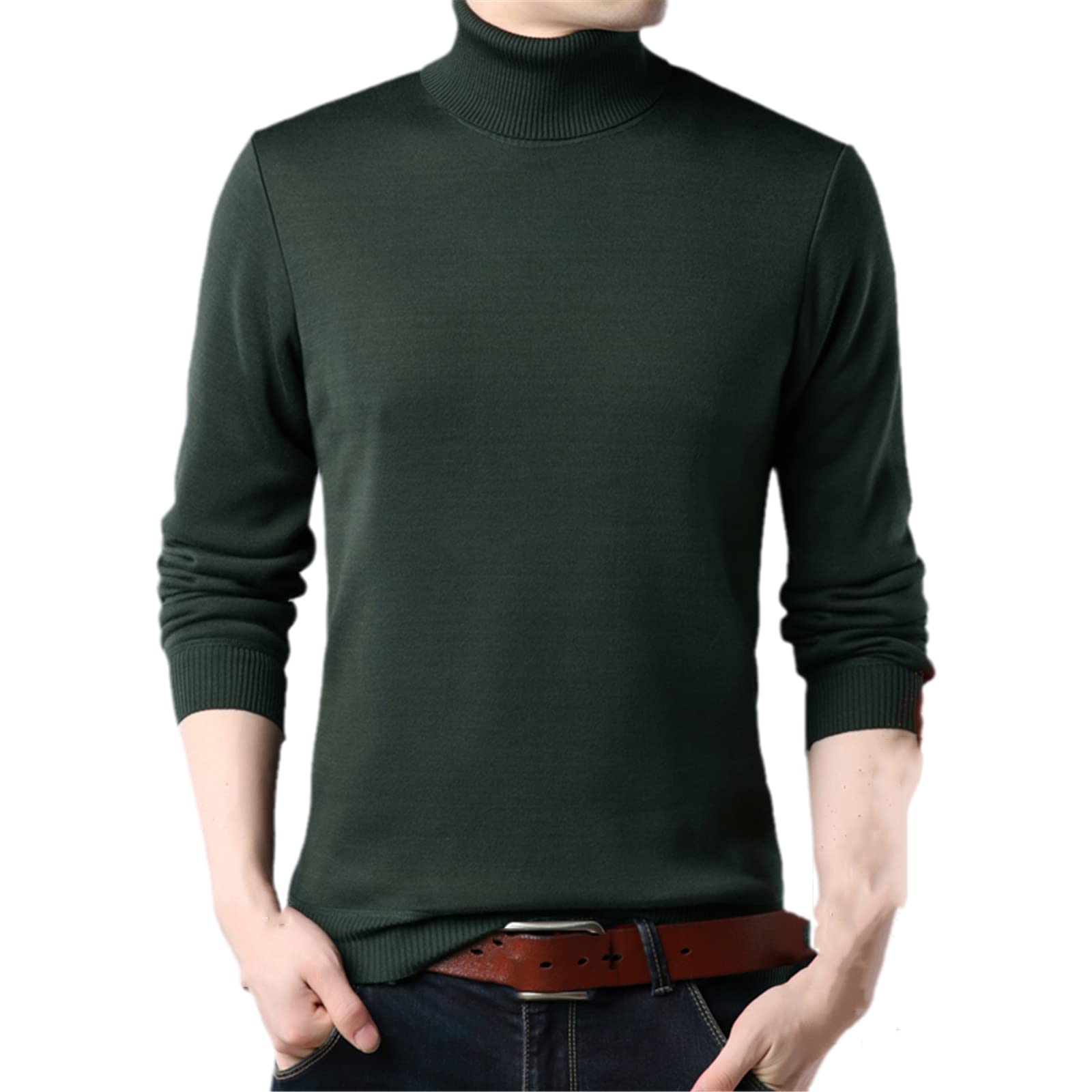 Uomo Caldo Di Base Dolcevita Maglione Moda Casual Pile Spesso Casual Maglia Pullover Abbigliamento Maschile, Verde scuro, L
